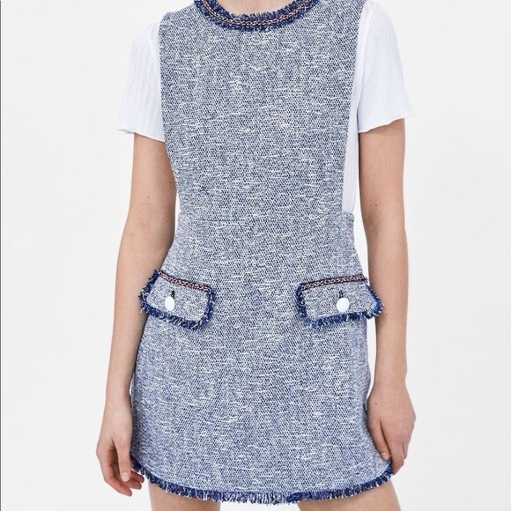 Zara Tweed Mini Apron Dress in Blue/White, SIZE S